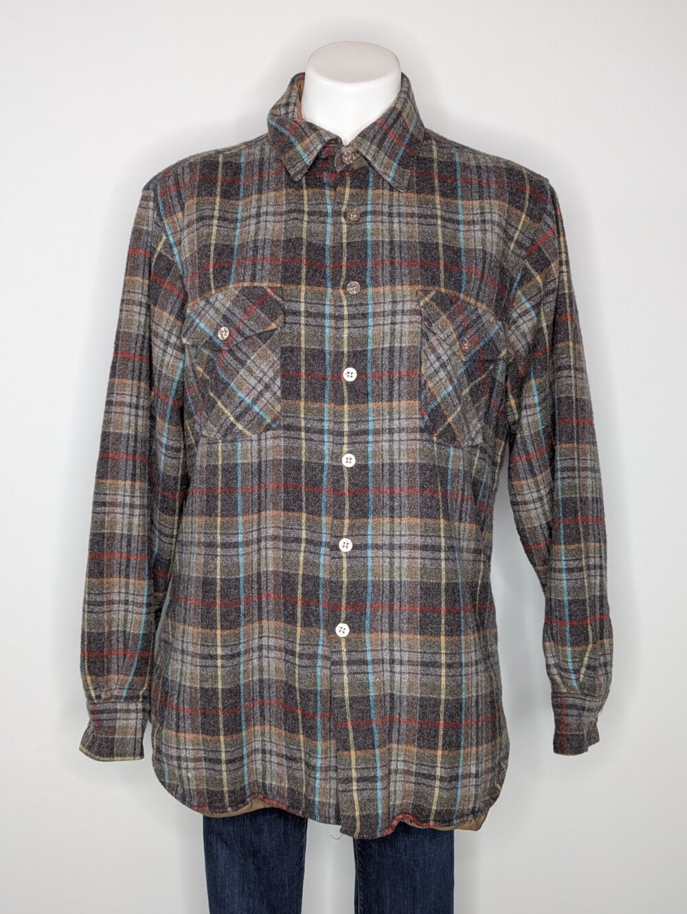 Vintage Career Club Brown Red Blue Plaid Wool Blend Long Sleeve Button Up Coat L